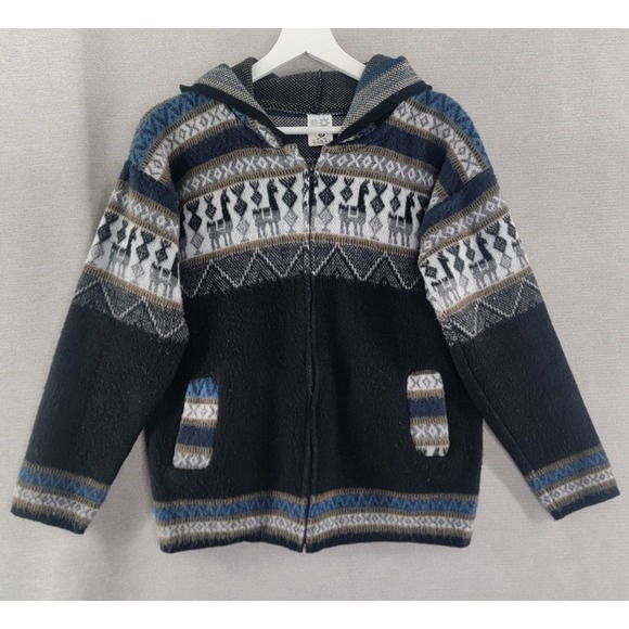 Inti Tejidos Sweaters - Inti Tejidos Womens Sweater Wool Lama Print Hooded Fair Isle Cardigan Size Small